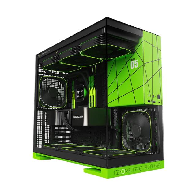 Кутия Geometric Future Model 5 Black/Green, Middle Tower, 1 x USB 3.2 Gen 2 Type-C, 2 x USB 3.0, HD Audio x 1, EATX / ATX / mATX / Mini-ITX