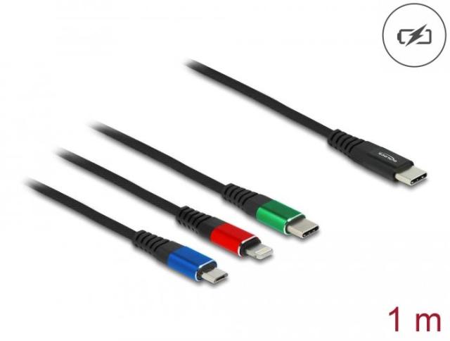 Кабел за зареждане Delock  3 в 1, USB-C - Lightning / Micro USB / USB Type-C, 1m