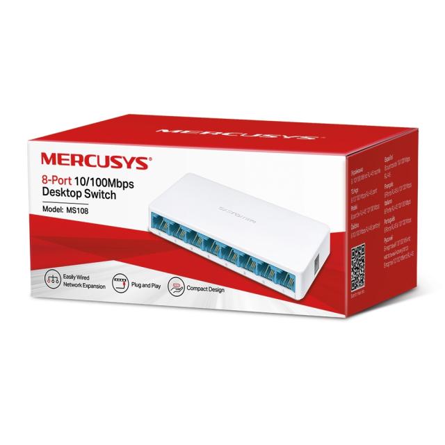 Суич Mercusys MS108, 100Mbps, 8-Port 10/100Mbps Ethernet ports