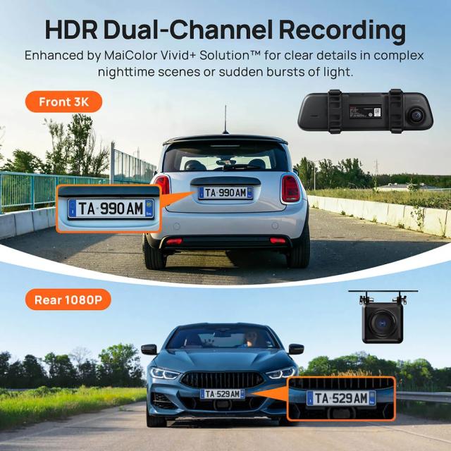 Видеорегистратор 70mai Rearview Dash Cam 3K HDR Set S500, комплект огледало и камера за задно виждане