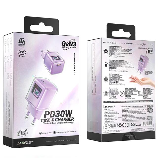 Acefast Универсално зарядно за стена Charger Wall GaN PD30W - A53 - USB-C x 1, Purple