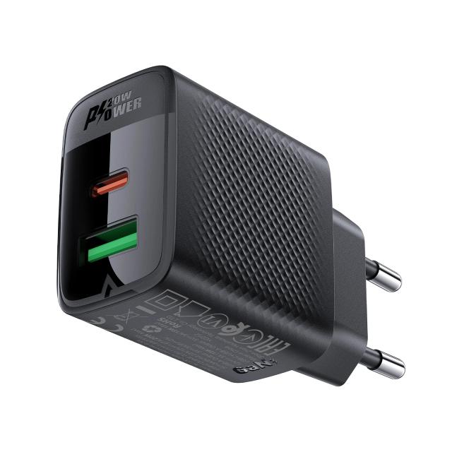 Acefast Универсално зарядно за стена Charger Wall GaN PD 20W - A78 - USB-C x 1, USB-A x 1, Black