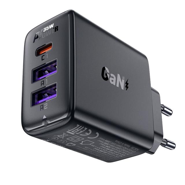 Acefast Универсално зарядно за стена Charger Wall GaN PD 35W - A57 - USB-C x 1, USB-A x 2, Black