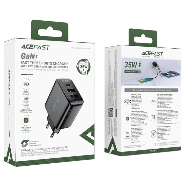 Acefast Универсално зарядно за стена Charger Wall GaN PD 35W - A57 - USB-C x 1, USB-A x 2, Black