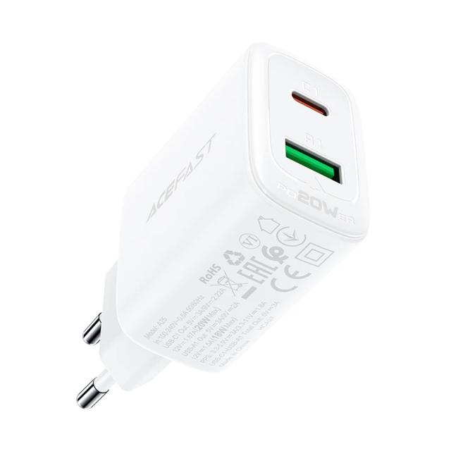 Acefast Универсално зарядно за стена Charger Wall GaN PD20W - A25 - USB-C x 1, USB-A x 1, White