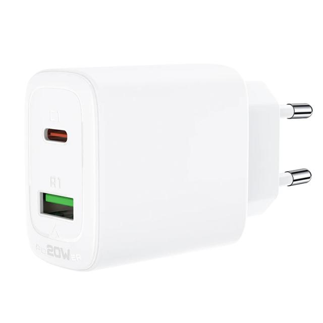 Acefast Универсално зарядно за стена Charger Wall GaN PD20W - A25 - USB-C x 1, USB-A x 1, White