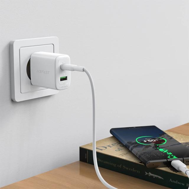 Acefast Универсално зарядно за стена Charger Wall GaN PD20W - A25 - USB-C x 1, USB-A x 1, White