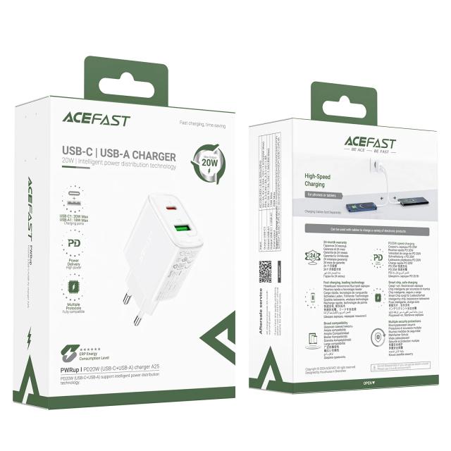 Acefast Универсално зарядно за стена Charger Wall GaN PD20W - A25 - USB-C x 1, USB-A x 1, White