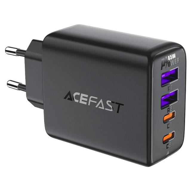 Acefast Универсално зарядно за стена Charger Wall GaN PD45W - A61 - USB-C x 2, USB-A x 2, Black