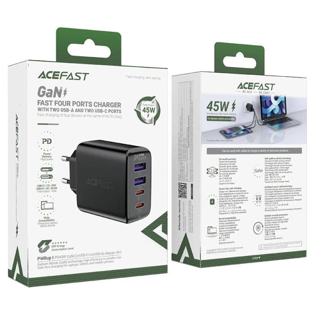 Acefast Универсално зарядно за стена Charger Wall GaN PD45W - A61 - USB-C x 2, USB-A x 2, Black