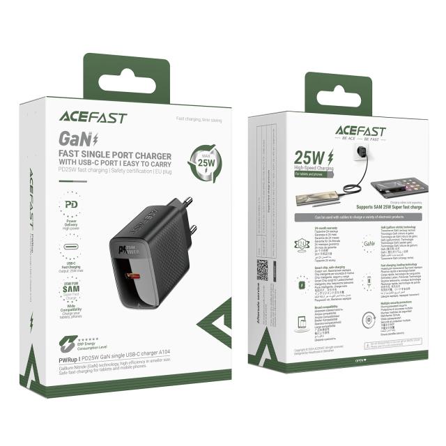 Acefast Универсално зарядно за стена Charger Wall GaN PD25W - A104 - USB-C x 1, Black