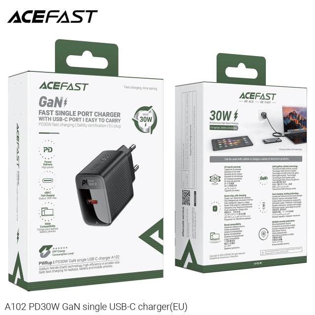 Acefast Универсално зарядно за стена Charger Wall GaN PD30W - A102 - USB-C x 1, Black