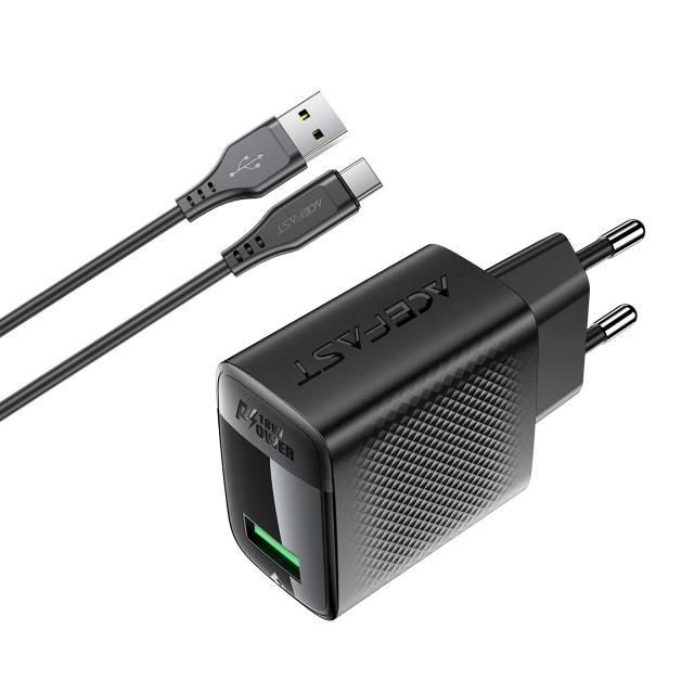 Acefast Универсално зарядно за стена Charger Wall GaN Quick Charge 18W - A90 with 1.2m cable - USB-A x 1, Black