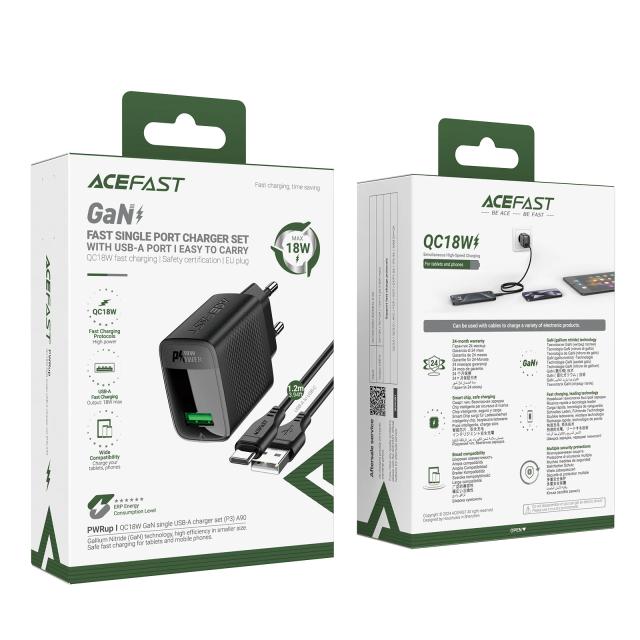 Acefast Универсално зарядно за стена Charger Wall GaN Quick Charge 18W - A90 with 1.2m cable - USB-A x 1, Black