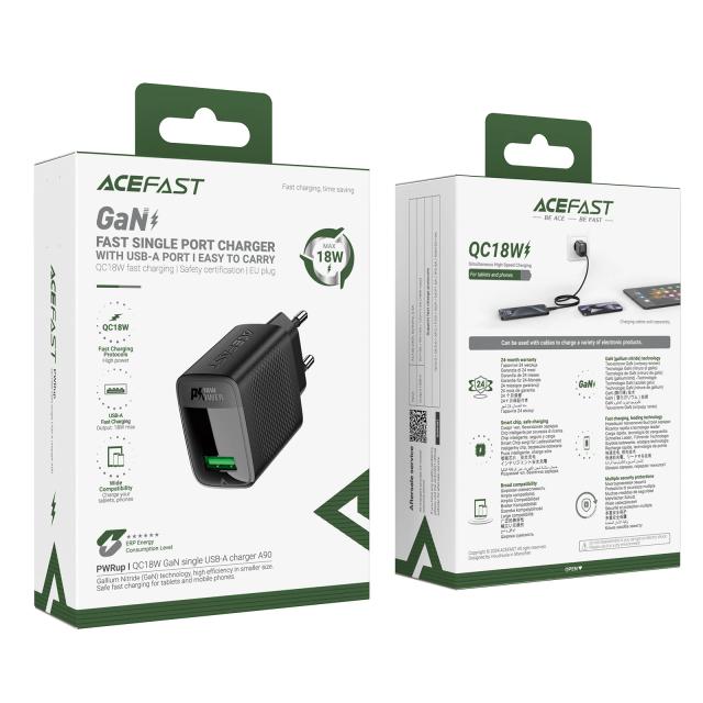 Acefast Универсално зарядно за стена Charger Wall GaN Quick Charge 18W - A90 - USB-A x 1, Black