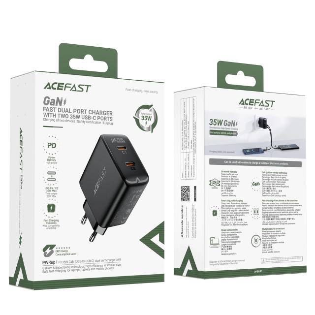 Acefast Универсално зарядно за стена Charger Wall GaN PD35W - A49 - USB-C x 2, Black