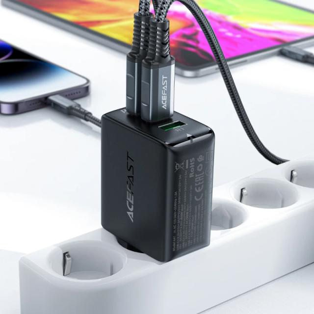 Acefast Универсално зарядно за стена Charger Wall GaN PD65W - A41 - USB-C x 2, USB-A x 1, Black