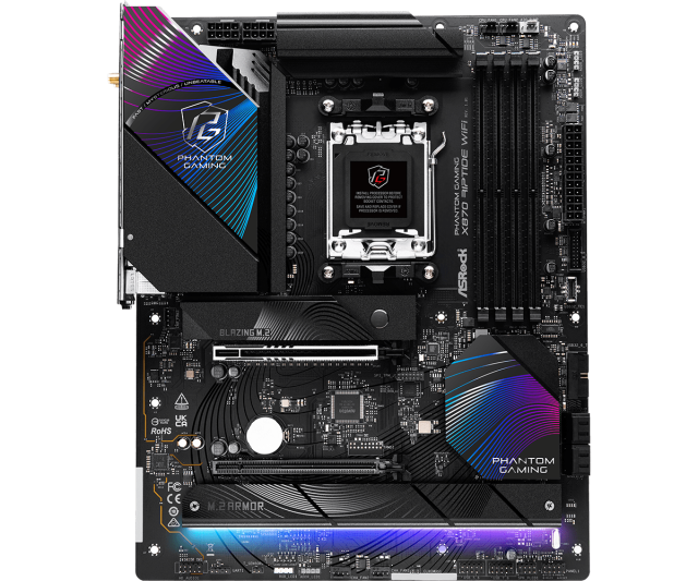 Дънна платка ASRock Phantom Gaming X870 Riptide WiFi, X870, AM5, DDR5, PCI-E 5.0, 4x SATA 6Gb/s, 1x Blazing M.2 slot, 2x Hyper M.2 slots, 2x USB4, 3x USB 3.2 Gen 2, 2.5GbE LAN, Wi-Fi 7, Bluetooth 5.4, HDMI, ATX