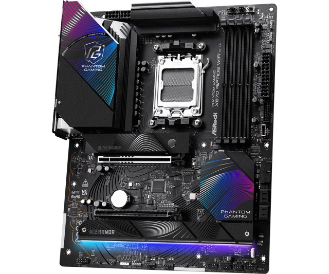 Дънна платка ASRock Phantom Gaming X870 Riptide WiFi, X870, AM5, DDR5, PCI-E 5.0, 4x SATA 6Gb/s, 1x Blazing M.2 slot, 2x Hyper M.2 slots, 2x USB4, 3x USB 3.2 Gen 2, 2.5GbE LAN, Wi-Fi 7, Bluetooth 5.4, HDMI, ATX