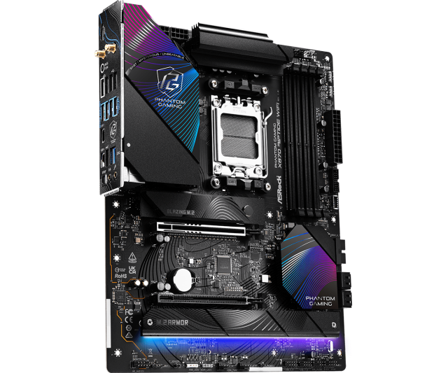 Дънна платка ASRock Phantom Gaming X870 Riptide WiFi, X870, AM5, DDR5, PCI-E 5.0, 4x SATA 6Gb/s, 1x Blazing M.2 slot, 2x Hyper M.2 slots, 2x USB4, 3x USB 3.2 Gen 2, 2.5GbE LAN, Wi-Fi 7, Bluetooth 5.4, HDMI, ATX