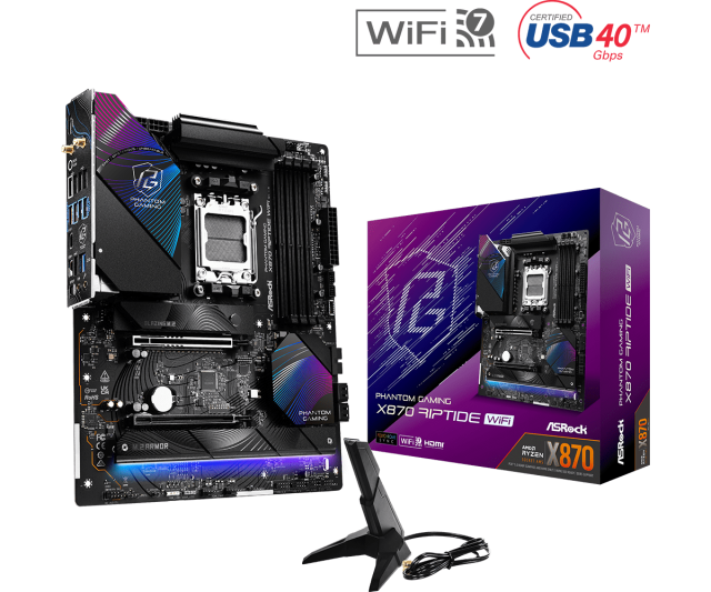 Дънна платка ASRock Phantom Gaming X870 Riptide WiFi, X870, AM5, DDR5, PCI-E 5.0, 4x SATA 6Gb/s, 1x Blazing M.2 slot, 2x Hyper M.2 slots, 2x USB4, 3x USB 3.2 Gen 2, 2.5GbE LAN, Wi-Fi 7, Bluetooth 5.4, HDMI, ATX