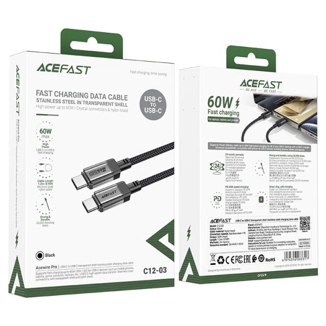 Acefast Кабел USB-C to USB-C Cable 60W Stainless steel in transparent shell 1.2m - C12-03 - Black