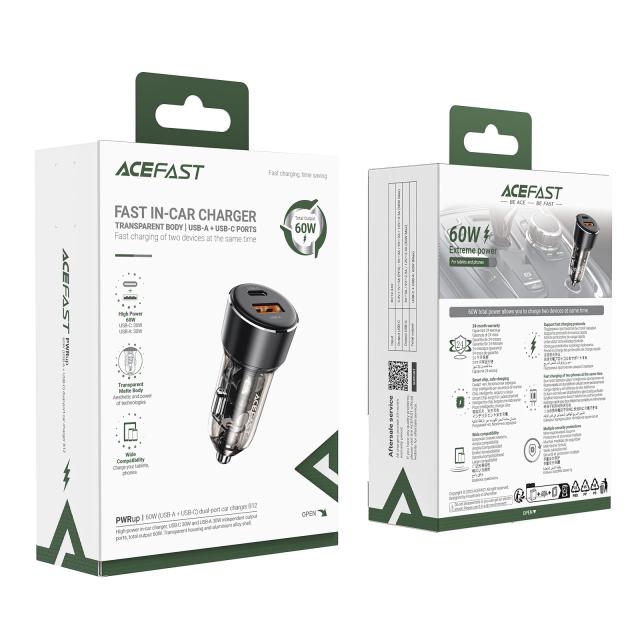 Acefast зарядно за кола Fast Charger Car PD3.0 60W - B12 - USB-C x 1, USB-A x 1, Black