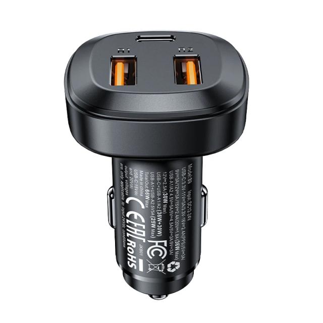 Acefast зарядно за кола Fast Charger Car PD3.0 66W - B9 - USB-C x 1, USB-A x 2, Black