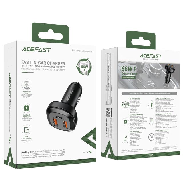 Acefast зарядно за кола Fast Charger Car PD3.0 66W - B9 - USB-C x 1, USB-A x 2, Black