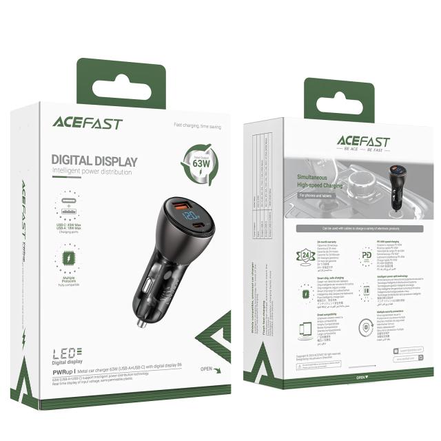 Acefast зарядно за кола Fast Charger Car PD3.0 63W - B6 - USB-A x 1, USB-C x 1, Black