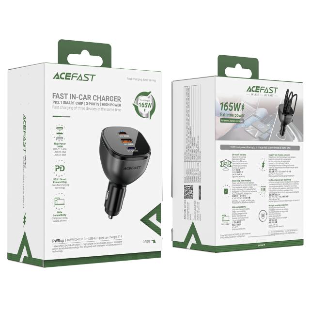 Acefast зарядно за кола Fast Charger Car PD3.1 165W - B14 - USB-C x 2, USB-A x 1, Black