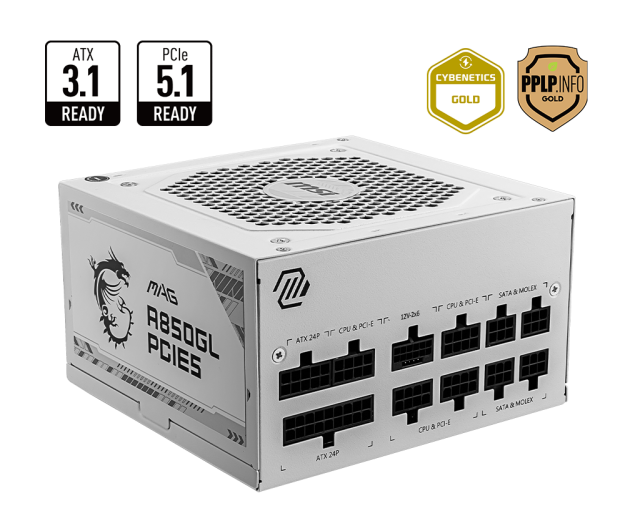 Захранване MSI MAG A850GL PCIE5 WHITE, 850W, Active PFC, Full Modular, 80 PLUS Gold, ATX 3.1