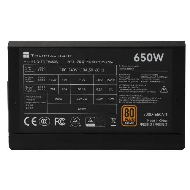 Захранване Thermalright TR-TB-650S, 650W, Active PFC, 80 PLUS BRONZE