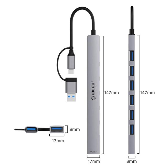 Хъб Orico 7 портов, USB-C/USB-A, USB3.0 x 1, USB2.0 x 6