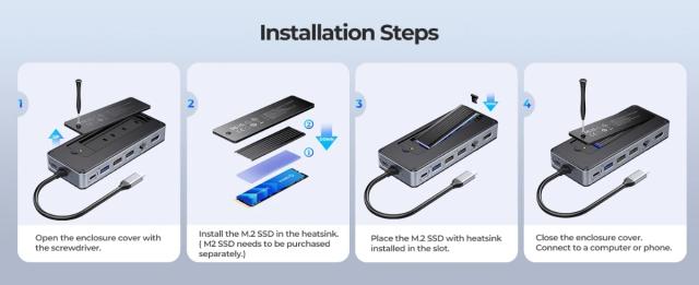 Докинг станция Orico M.2 SATA/NVMe - HDMI, USB3.2-A x 1, USB-C (10Gbps) x 1,USB-C (PD100W), USB2.0-A x 2, LAN