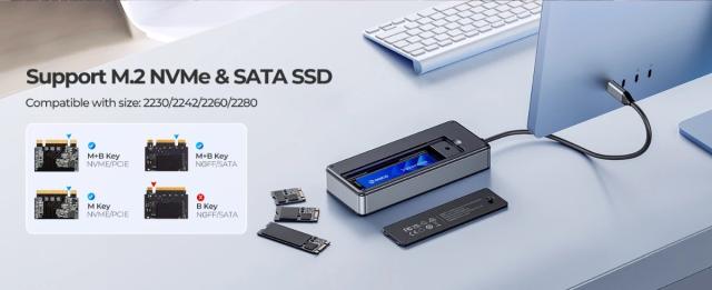 Докинг станция Orico M.2 SATA/NVMe - HDMI, USB3.2-A x 1, USB-C (10Gbps) x 1,USB-C (PD100W), USB2.0-A x 2, LAN