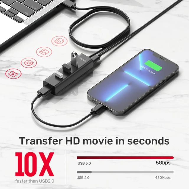 USB хъб Unitek 4-портов, 4 x USB 3.0, 1.2m, USB 3.0/2.0