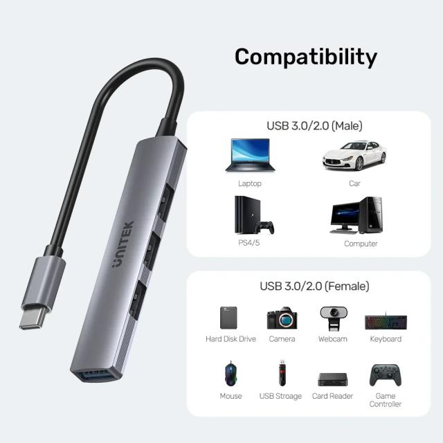 Хъб Unitek H1208B 4-портов USB3.0/2.0, USB Type-C