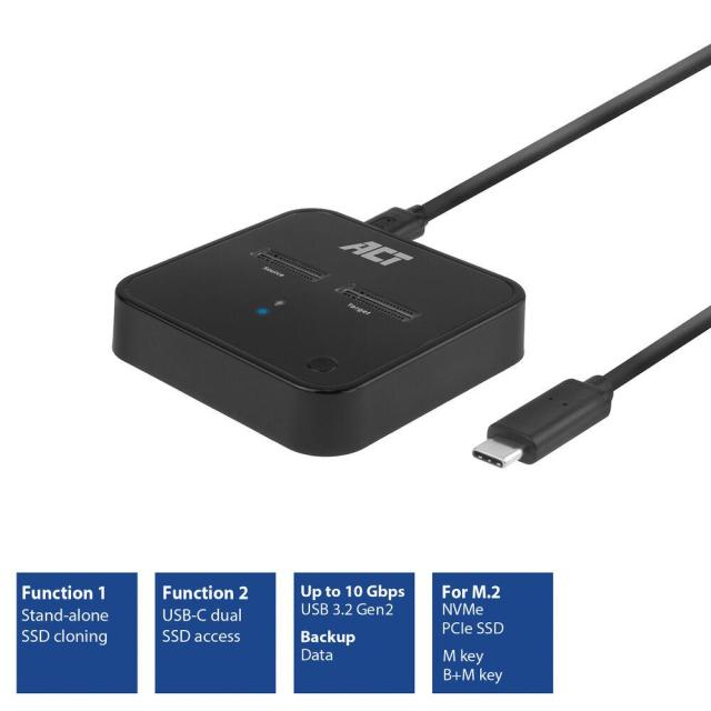 Двойна SSD докинг станция, ACT M.2 NVMe/PCIe  за клониране, USB-C 3.2 Gen2