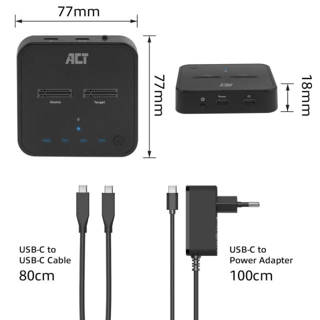 Двойна SSD докинг станция, ACT M.2 NVMe/PCIe  за клониране, USB-C 3.2 Gen2