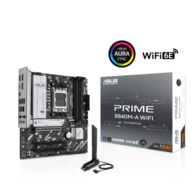 Дънна платка ASUS PRIME B840M-A WIFI, AM5, 4x DDR5, 3x M.2, 4x SATA 6Gb/s, Wi-Fi 6E, Bluetooth v5.3, HDMI, 2x DP, Micro ATX