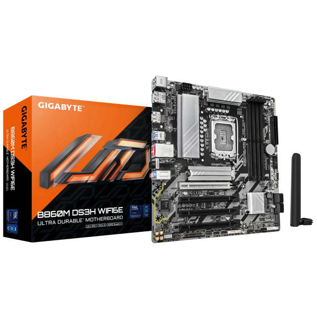 Дънна платка GIGABYTE B860M DS3H WIFI 6E, LGA1851, 2 x M.2, 4 x SATA 6Gb/s, Wi-Fi 6E, Bluetooth v5.3, HDMI, DP, MicroATX