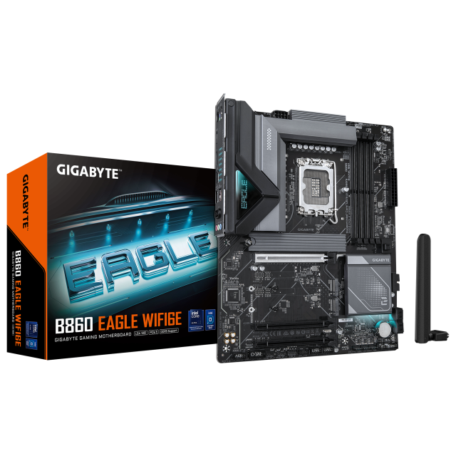 Дънна платка GIGABYTE B860 EAGLE WIFI 6E, LGA1851, 3 x M.2, 4 x SATA 6Gb/s, Wi-Fi 6E, Bluetooth v5.3, HDMI, DP, ATX