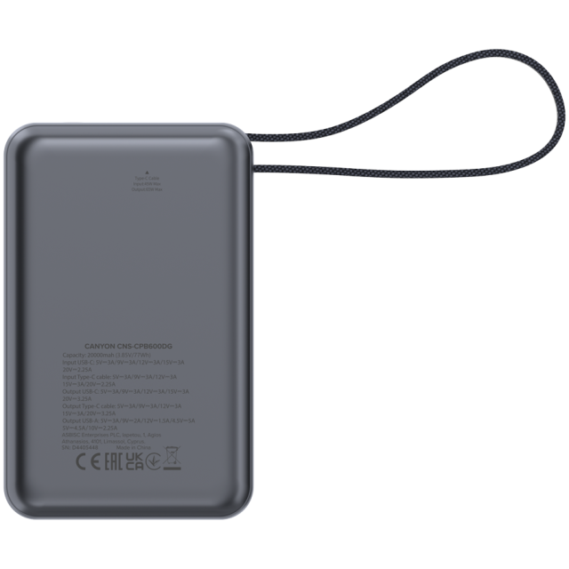 Външна батерия Canyon power bank OnPower PB-600, 20 000mAh, 1x USB-A, 1x USB-C, дисплей, Dark Grey