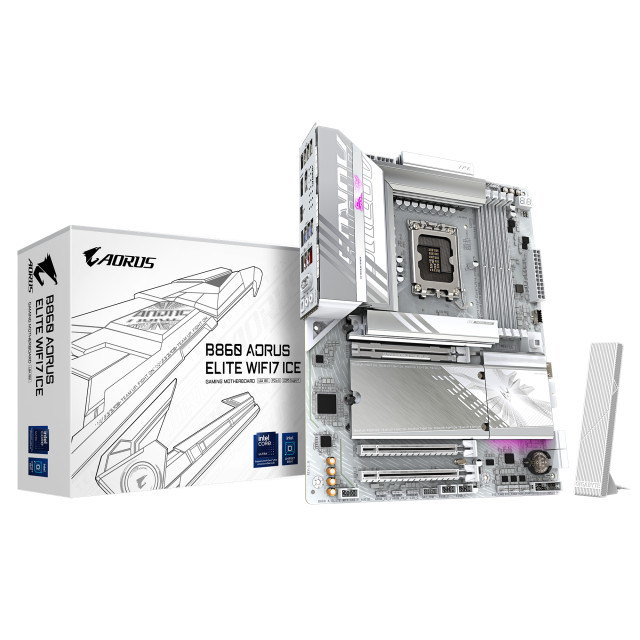 Дънна платка GIGABYTE B860 AORUS ELITE WIF 7 ICE, LGA1851, 4x DDR5, 3x M.2, 4x SATA 6Gb/s, Wi-Fi 7, BLUETOOTH 5.4, HDMI, DP, ATX