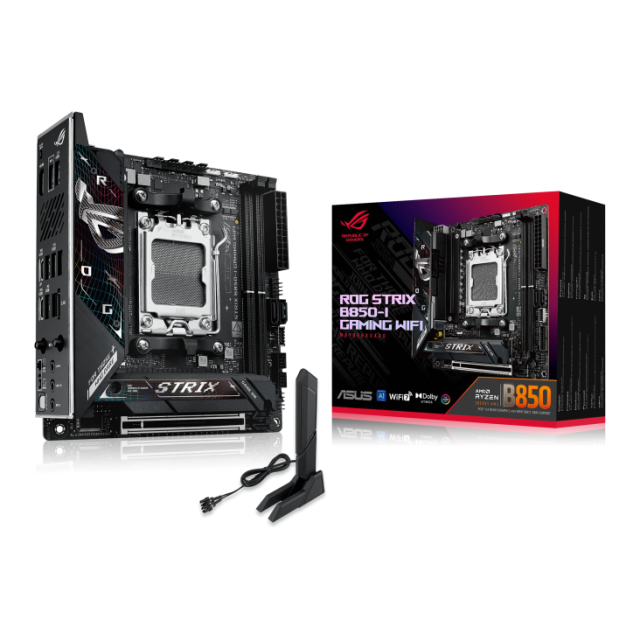 Дънна платка ASUS ROG STRIX B850-I GAMING WIFI, AM5, 2x DDR5, 2x M.2, 2x SATA 6Gb/s, Wi-Fi 7, Bluetooth v5.4, HDMI, Mini-ITX