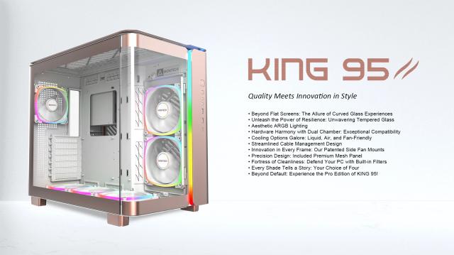 Кутия Montech KING 95 Pro, Middle Tower, 2 x USB 3.0, 1 x USB 3.2 Gen 2 Type-C, RGB button, ATX, mATX, Mini-ITX, Rose Gold