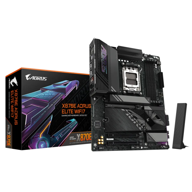 Дънна платка Gigabyte X870E AORUS ELITE WIFI7, AM5, 4x DDR5, 4x M.2 NVMe, 4 x SATA 6Gb/s, Wi-Fi 7, Bluetooth 5.4, HDMI, ATX