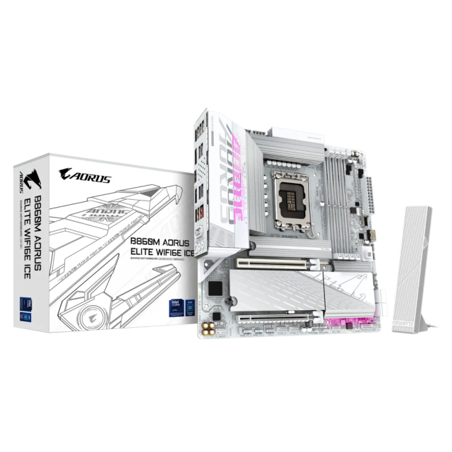 Дънна платка Gigabyte B860M AORUS ELITE WIFI6E ICE, LGA1851, 4x DDR5, 3x M.2 NVMe, 4x SATA 6Gb/s, Wi-Fi6E, Bluetooth 5.3, HDMI, DP, Micro ATX