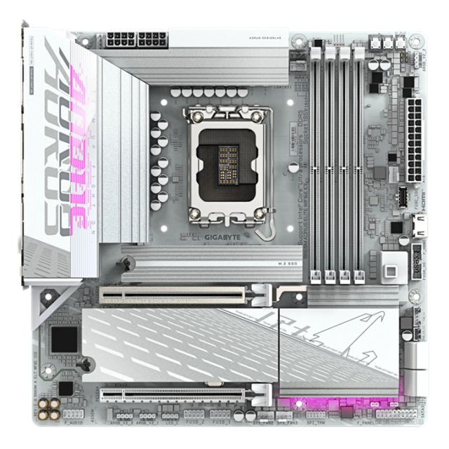 Дънна платка Gigabyte B860M AORUS ELITE WIFI6E ICE, LGA1851, 4x DDR5, 3x M.2 NVMe, 4x SATA 6Gb/s, Wi-Fi6E, Bluetooth 5.3, HDMI, DP, Micro ATX